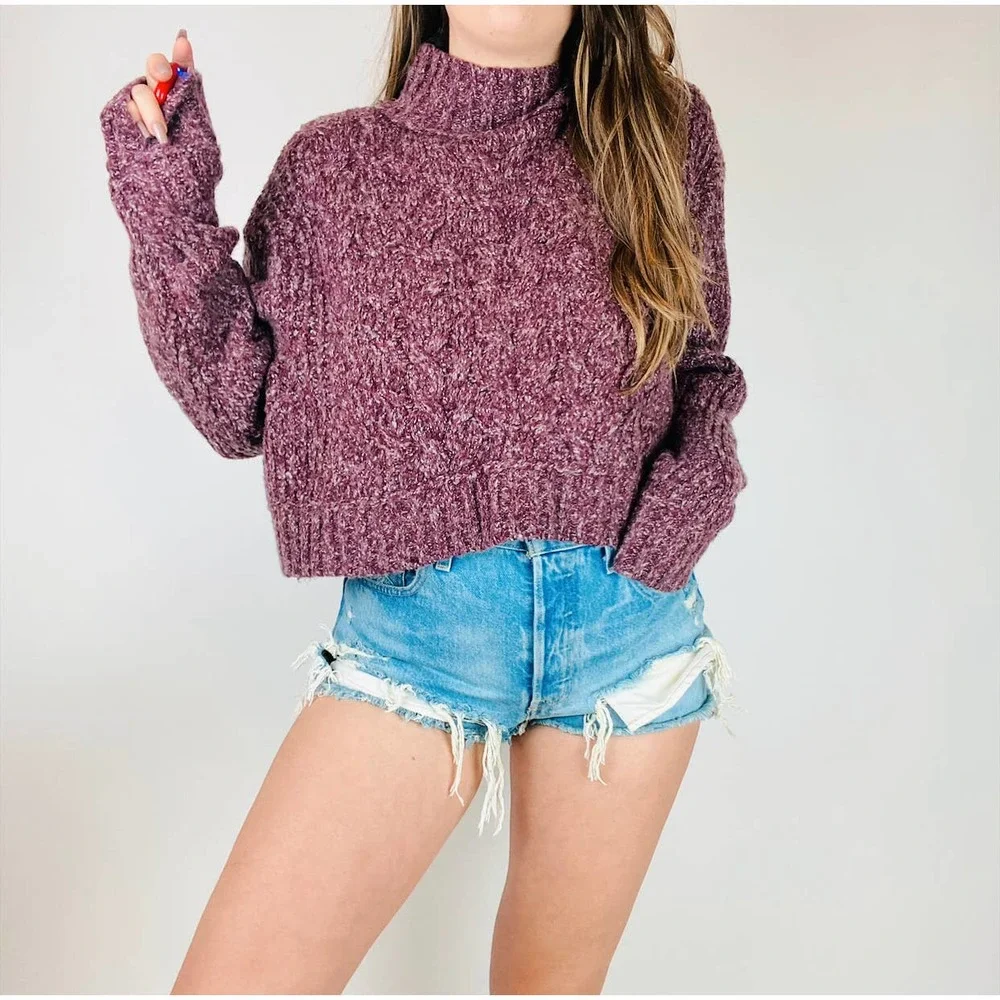 Free People Purple Cable Knit mock Neck Sweater - Picture 8 of 9